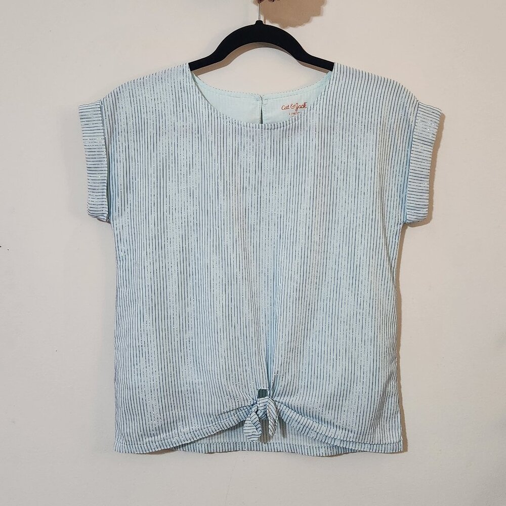 Cat & Jack Girls L 10/12 Blue Metallic Striped Short Sleeve Tie Front Blouse
